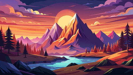 Mountain landscape vector with dramatic sunrise light, cinematic flat illustration