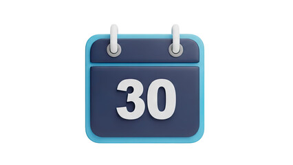 3D 30th day calendar icon on transparent background