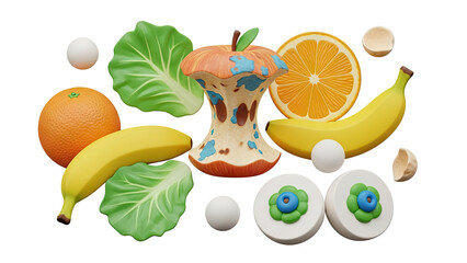 3D Assortment of Colorful 3D Food Items and Ingredients on transparent background