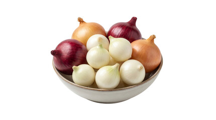 Assortment of Fresh Pearl, Red, and Brown Onions in a Ceramic Bowl isolated PNG with Transparent Background