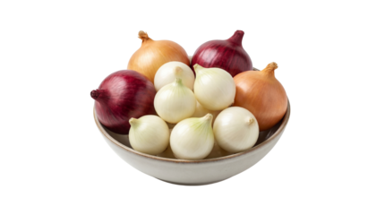 Assortment of Fresh Pearl, Red, and Brown Onions in a Ceramic Bowl isolated PNG with Transparent Background