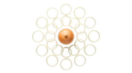 Fresh Whole Brown Onion Surrounded by Sliced White Onion Rings isolated PNG with Transparent Background