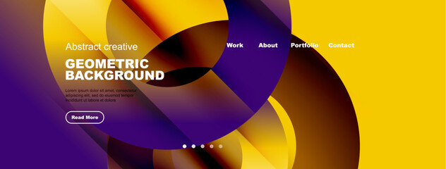 Abstract website mockup. Vibrant geometric shapes, yellow, purple hues dominate design. Text elements present, navigation visible.