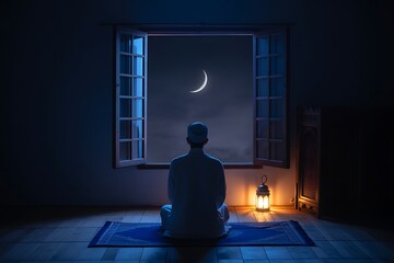 "Spiritual Muslim man sitting on prayer rug looking at crescent moon through open window at night, Ramadan moon sighting and midnight prayer reflection concept"