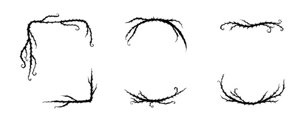 Thorn vine frames and borders vector set. Black twisted thorn branches, barbed stems, creepy patterns. Isolated design elements for tattoos, gothic art, religious symbols. © Konstantin