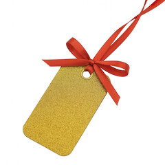 Glittery gold tag with red ribbon on transparent background black background