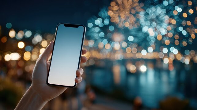 Close up of a woman holding a smartphone in holiday season,holiday shopping online,smartphone,banner sale gifts,Blank white screen,Mockup.
