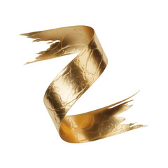 Shiny gold leaf ribbon curled with torn edges against transparent background black background