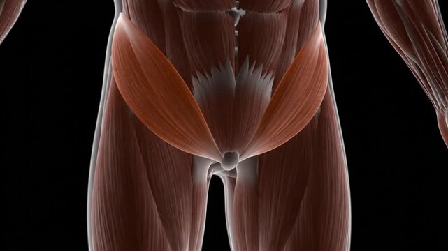 Detailed 3D anatomical rendering of the human abdominal and pelvic region, highlighting the inguinal ligament, for muscular system education.