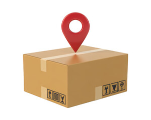 A brown cardboard delivery box with a red location pin on and black handling transparent background