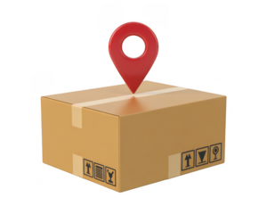 A brown cardboard delivery box with a red location pin on and black handling transparent background