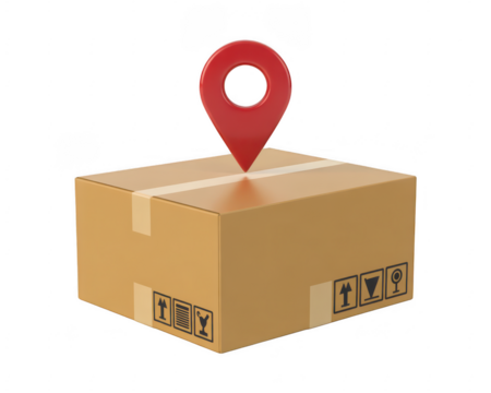 A brown cardboard delivery box with a red location pin on and black handling transparent background - Powered by Adobe