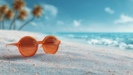 An illustration of sunglasses on the sand beach with serene tropical beach scene, soft white sand beside clear turquoise ocean waves, creating a relaxing summer holiday atmosphere