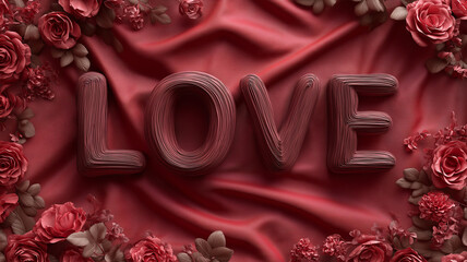 An elegant Valentines Day background featuring deep red fabric with soft folds, surrounded by blooming roses and leaves, highlighting a sculpted 3D LOVE text that conveys romance,