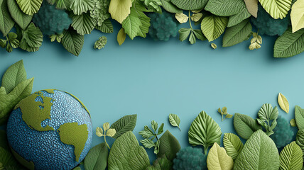 Creative environmental concept background featuring a textured Earth globe surrounded by lush green leaves and foliage on a soft blue backdrop. Nature conservation