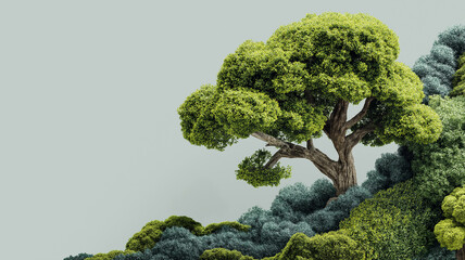 A minimalist environmental concept featuring a lush green tree growing on a textured hillside, symbolizing sustainability, ecological balance, growth, and harmony