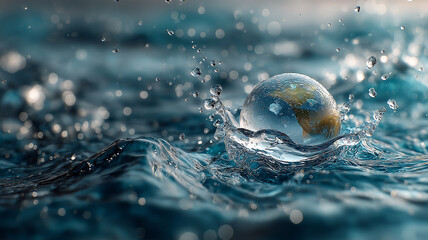 A conceptual image of the Earth emerging from dynamic splashing water, symbolizing World Water Day, environmental conservation, climate change awareness, and the vital connection