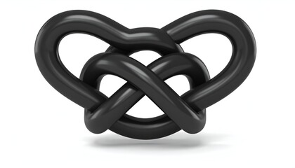 A glossy black pretzel shape, intertwined, casting a shadow on a white background