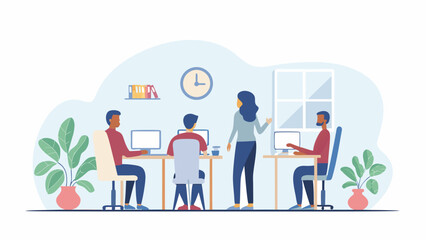 Diverse team collaborating in modern office space