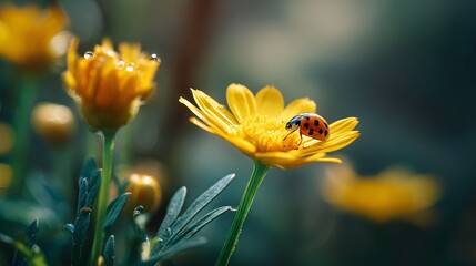 Ladybug on vibrant yellow flower with dew drops in a lush garden