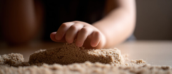 Child's hand pressing into soft kinetic sand in a wooden box
