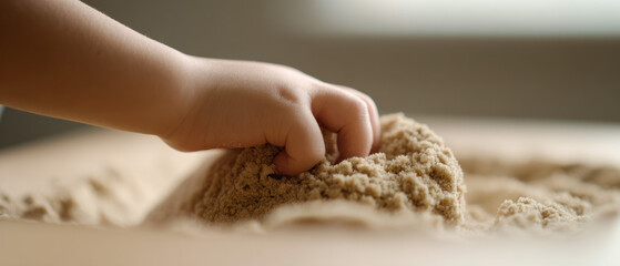 Close-up of a child's hand scooping kinetic sand on a tray