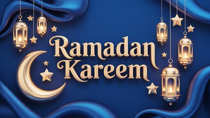 "Luxury Ramadan Kareem 3D golden typography on blue silk background with ornate lanterns, crescent moon and stars for premium Islamic event greeting"