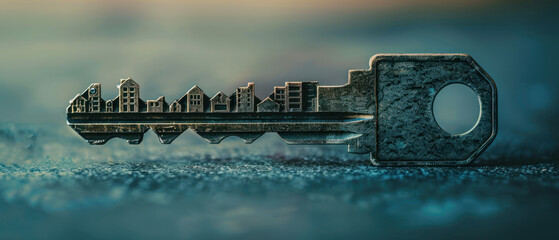 Close-up of a key with buildings carved into its blade, symbolizing access to real estate, housing, and urban development.
