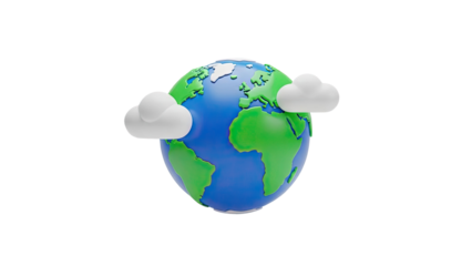 3D Cartoon Earth with clouds on transparent background