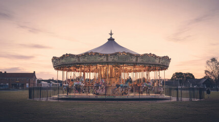 Carousel on a pier at sunset with a pastel sky