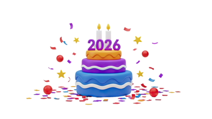 3D 2026 New Year Celebration Cake with Confetti on transparent background
