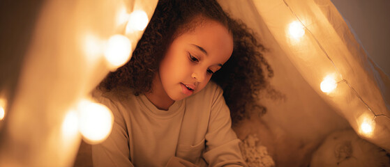 Young girl with curly hair smiling under warm fairy lights