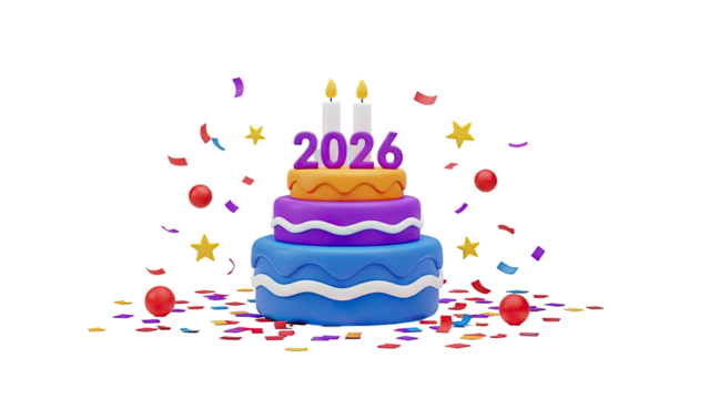 3D 2026 New Year Celebration Cake with Confetti on transparent background - Powered by Adobe