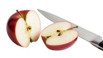 Fresh Red Apple Halves and Kitchen Knife Food Shot isolated PNG with Transparent Background