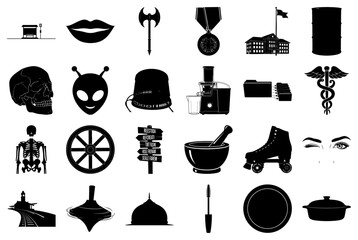 Collection of Black and White Silhouette Icons Keywords: bus stop, lips, axe, medal, building