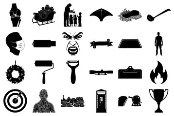 Collection of Black and White Silhouette Icons Keywords: knee joint, sleigh, Christmas gifts