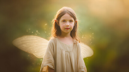 Young fairy girl with angel wings glowing in golden sunlight