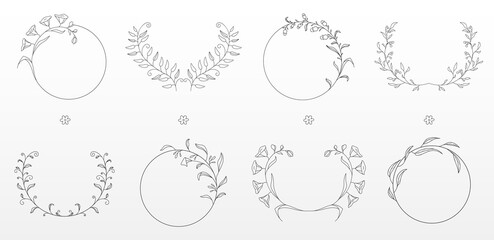 Elegant floral frame with delicate flower wreath and monogram design. Vintage circle border with laurel leaves and botanical elements for wedding invitations. Vector royal decorative pattern.