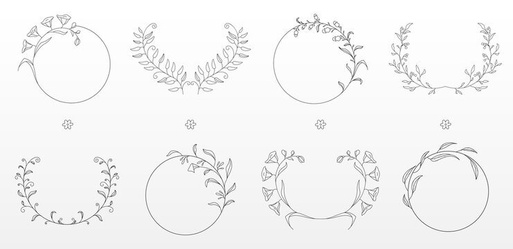 Elegant floral frame with delicate flower wreath and monogram design. Vintage circle border with laurel leaves and botanical elements for wedding invitations. Vector royal decorative pattern.