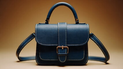 Elegant navy blue leather handbag with gold buckle and contrast stitching, a timeless accessory for any sophisticated look
