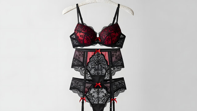 hanging black red lace sexy lingeri.flat lay.