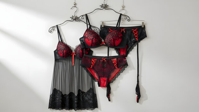 hanging black red lace sexy lingeri.flat lay.
