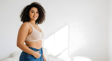 Confident curvy woman posing in a bra and jeans, radiating self-love and natural beauty for a body positivity concept
