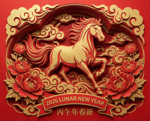 2026 Year of the Horse Lunar New Year red and gold paper cut art illustration with peony flowers and clouds