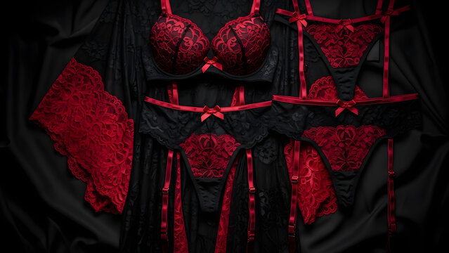 hanging black red lace sexy lingeri.flat lay.