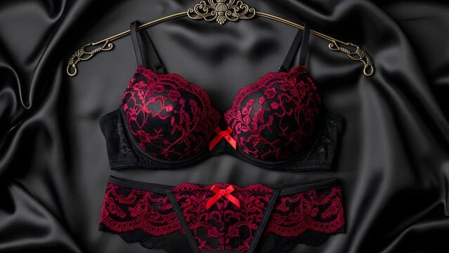 hanging black red lace sexy lingeri.flat lay.