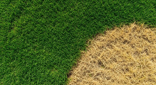 A patch of dry grass contrasting against a healthy green lawn from a top-down aerial perspective for environmental change concept.