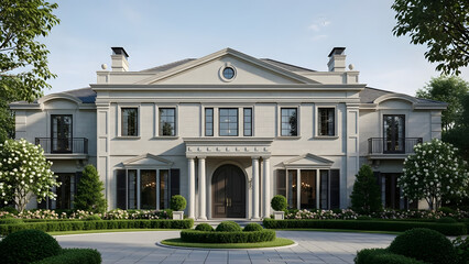 Luxury Classical Mansion Exterior with Symmetrical Architecture and Landscaped Garden