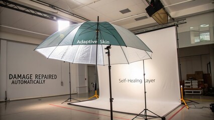 Innovative self-healing technology showcased in a modern studio environment with an adaptive skin umbrella demonstration