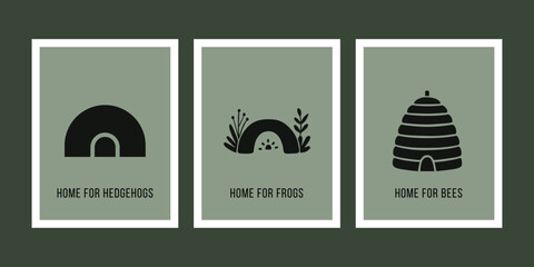 Minimalist Animal Habitat Icons for Hedgehog Frog and Bees